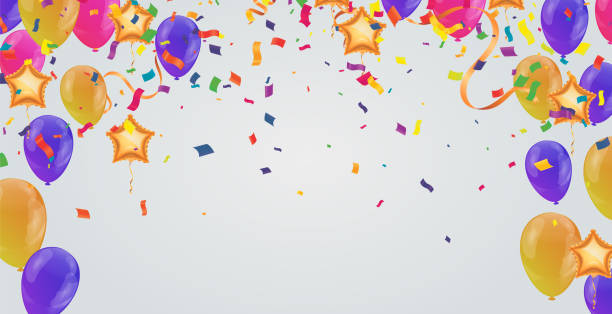 illustrations, cliparts, dessins animés et icônes de décoration de fête d’anniversaire confettis lumineux colorés isolés, ballon, streamers - confetti balloon white background isolated