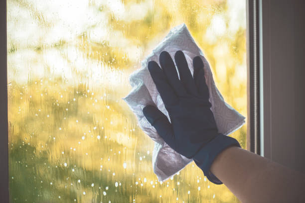 istock Female hands in rubber gloves wash the window 1212180980