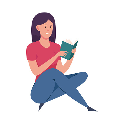 Cute dark-haired girl in blue pants enjoying reading book. Isolated vector icon illustration on white background in cartoon style.
