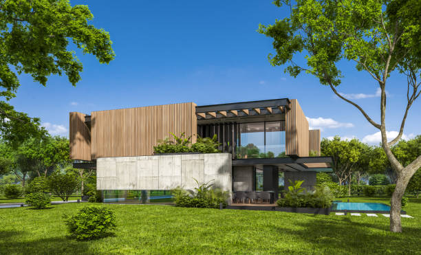 istock 3d rendering of modern house with wood plank facade 1212181266