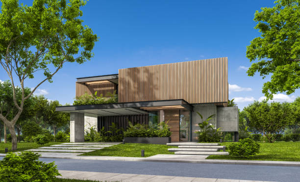 istock 3d rendering of modern house with wood plank facade 1212181286