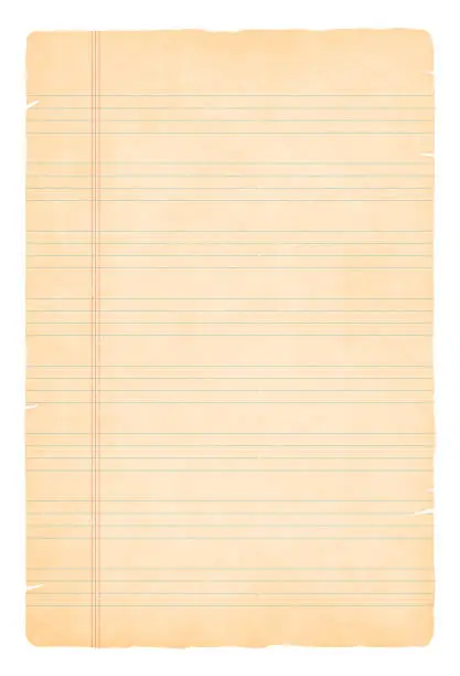 Vector illustration of A vertical vector illustration of an old yellowed blank beige coloured page from a notepad, ripped from edges with a pattern of four lines