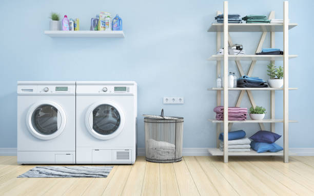 waschküche mit blauer wand, korb, blumen und regale. 3d-illustration - waschmaschine fotos stock-fotos und bilder
