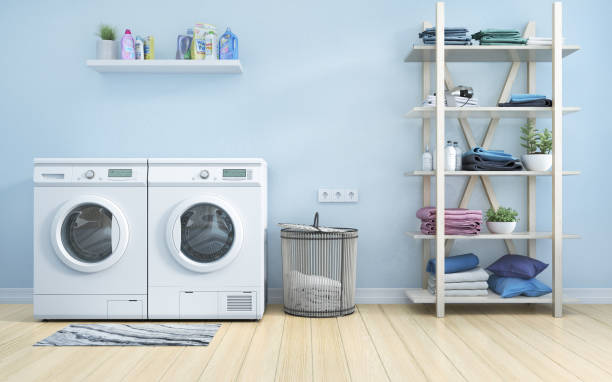 istock Laundry room with blue wall,basket,flowers and shelving. 3d illustration 1212183599