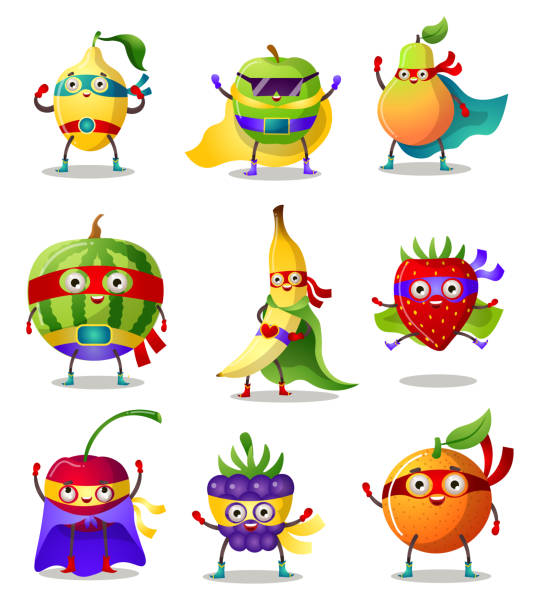 Set of funny superhero humanized characters fruit and berry in masks and capes. Vector illustration in flat cartoon style. Collection set of cartoon funny superhero humanized fruit and berry in masks and capes - orange, raspberry, cherry, strawberry, banana, watermelon, pear, apple, lemon. Colorful vector flat icons set perfect pear stock illustrations