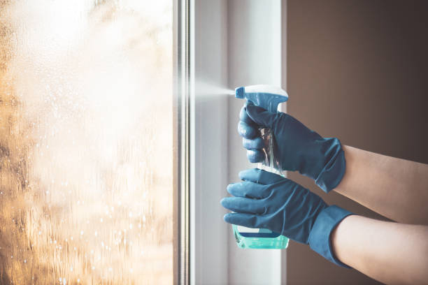 istock Female hands in rubber gloves wash the window 1212185111