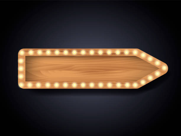 istock Brown wooden pointer board with light bulbs on a wall. Vector stock illustration for card 1212185634