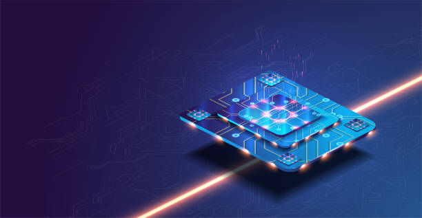 青い背景にライトが付いた未来的なマイクロチッププロセッサ。量子コンピュータ、大規模なデータ処理、データベース概念。機械学習のための将来の技術開発cpuおよびマイクロプロセッサ - コンピュータ機器点のイラスト素材／クリップアート素材／マンガ素材／アイコン素材