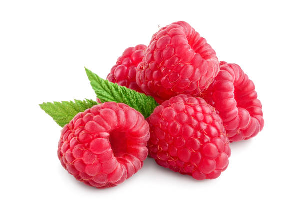 istock Ripe raspberries with leaf isolated on a white background 1212193926