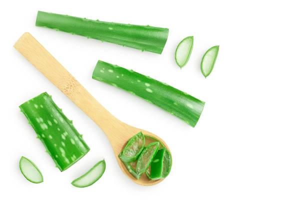 istock Aloe vera sliced in spoon isolated on white background with clipping path and full depth of field. Top view. Flat lay with copy space for your text 1212194488