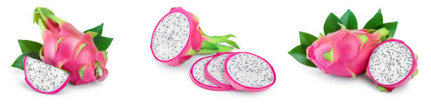 istock Ripe Dragon fruit, Pitaya or Pitahaya isolated on white background, fruit healthy concept. Set or collection 1212194504