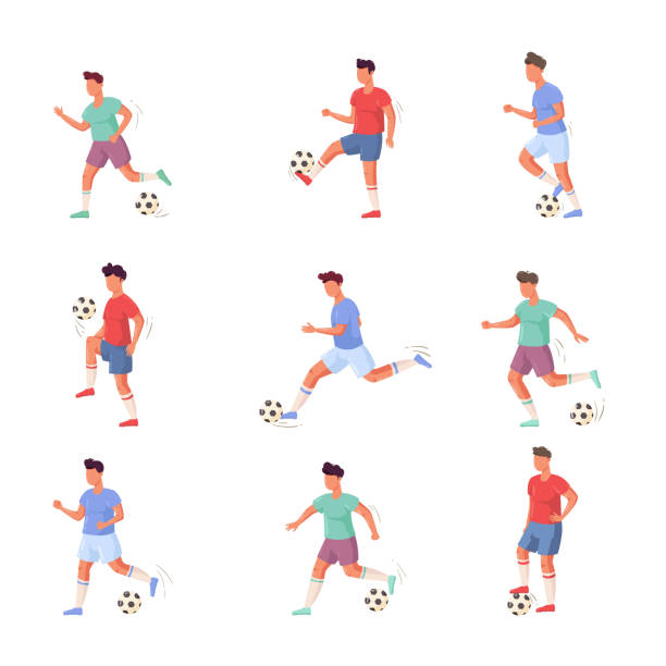 farklı eylemlerde futbol veya futbolcu karakterleri kümesi. düz karikatür tarzında vektör illüstrasyon. - soccer player stock illustrations