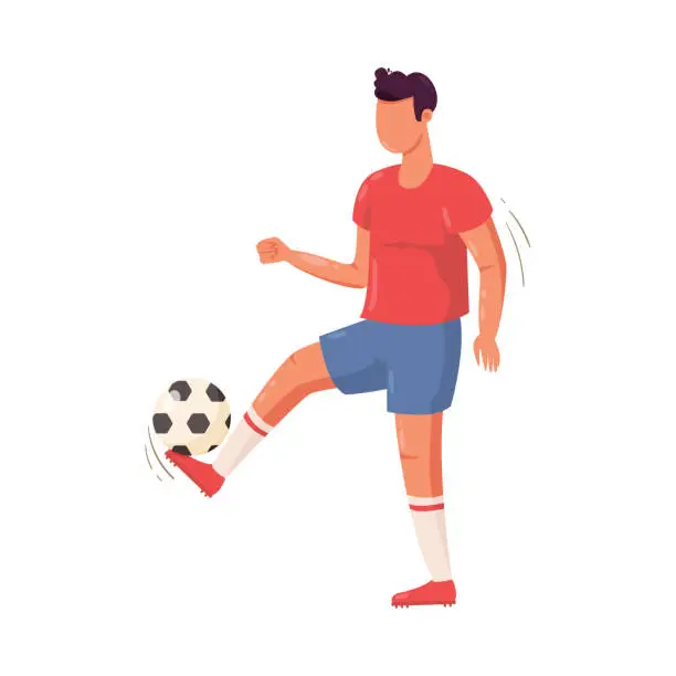 Vector illustration of Soccer player in the red t-shirt hits the ball. Vector illustration in flat cartoon style.