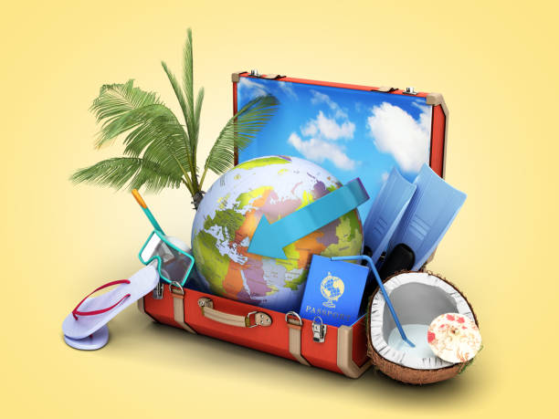 istock modern summer travel concept suitcase with a globe inside near accessories for summer holidays 3d render on color gradient 1212202274
