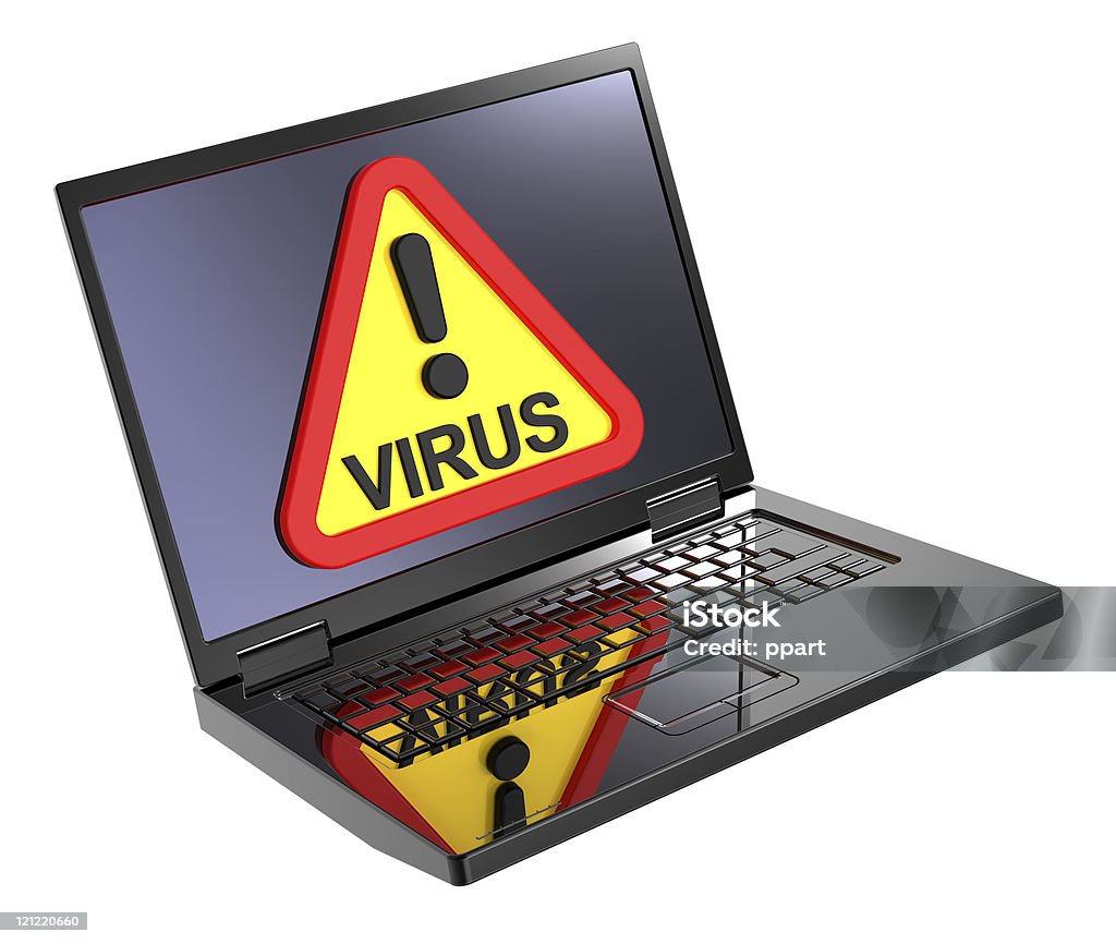 Virus warning sign on laptop screen Computer generated 3D photo rendering. Black Color Stock Photo
