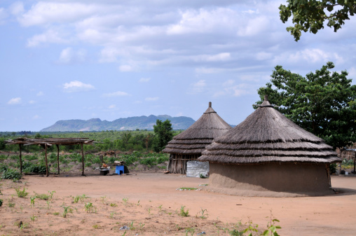 Traditional African thatched-roof houses in the countryside in South Sudan