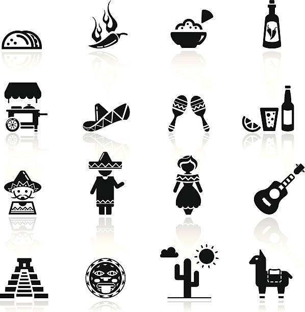 Icons set Mexican culture and cuisine simplified but well drawn Icons, smooth corners no hard edges unless it’s required, black shawl wrap stock illustrations