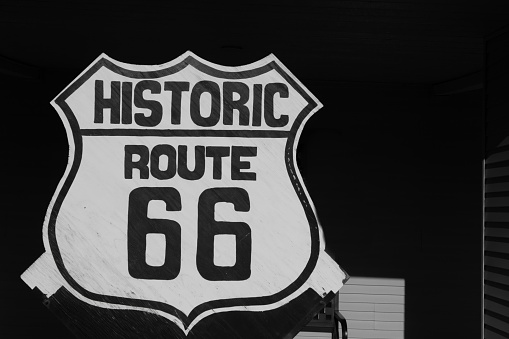 Route 66 sign along the highway in Oklahoma.