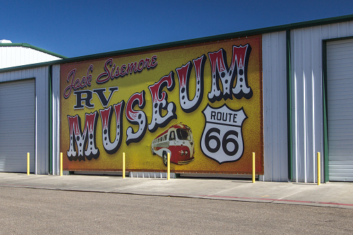 Amarillo, Texas, USA - February 24, 2020: Exterior of the Jack Sisemoore RV Museum is a free museum with vintage RV's and camping equipment in Amarillo, Texas.