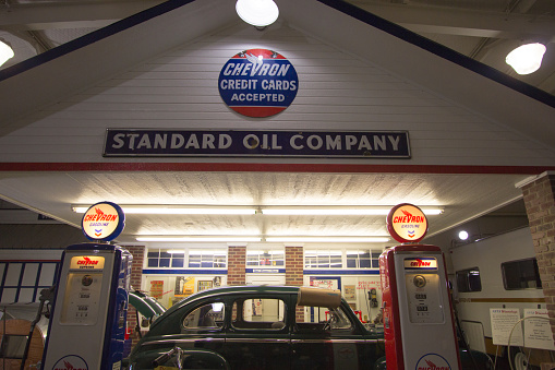 Amarillo, Texas, USA - February 24, 2020: Exterior of a historic recreated Chevron gas station in Amarillo