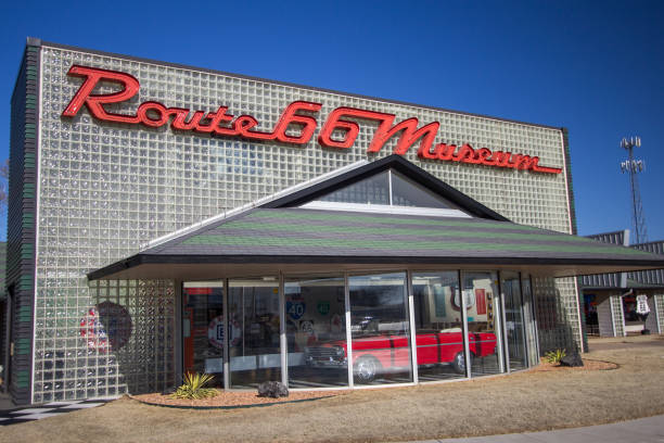 Clinton, Oklahoma, USA - February 25, 2020: Facade and entrance sign for the historical Route 66 Museum in Elk City Oklahoma.