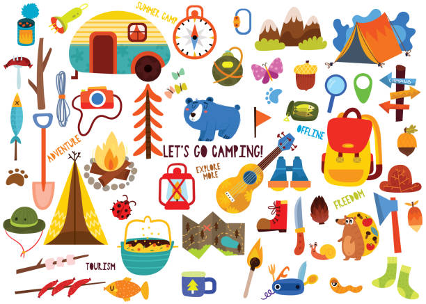 duży zestaw elementów kempingowych i uroczych zwierząt w ręcznie rysowanym stylu. letnia kolekcja ze sprzętem kempingowym. - camping campfire boy scout girl scout stock illustrations