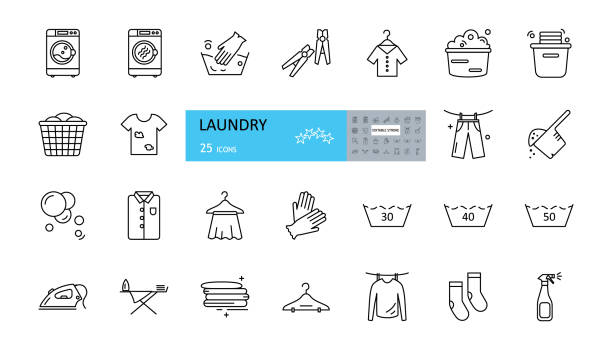 Laundry icon. Vector set of 25 icons with editable stroke. The collection includes a washing machine, gloves, clothes pegs, clean and dirty linen, washing powder, drying clothes, a hanger and an iron. Laundry icon. Vector set of 25 icons with editable stroke. The collection includes a washing machine, gloves, clothes pegs, clean and dirty linen, washing powder, drying clothes, a hanger and an iron. iron laundry cleaning ironing board stock illustrations