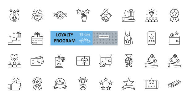 Loyalty program icons. 29 vector images in a set with editable stroke. Includes membership, reviews and likes, stars, loyalty card, percentage of discounts, gifts, diamonds, VIP status. Loyalty program icons. 29 vector images in a set with editable stroke. Includes membership, reviews and likes, stars, loyalty card, percentage of discounts, gifts, diamonds, VIP status. fidelity investments stock illustrations