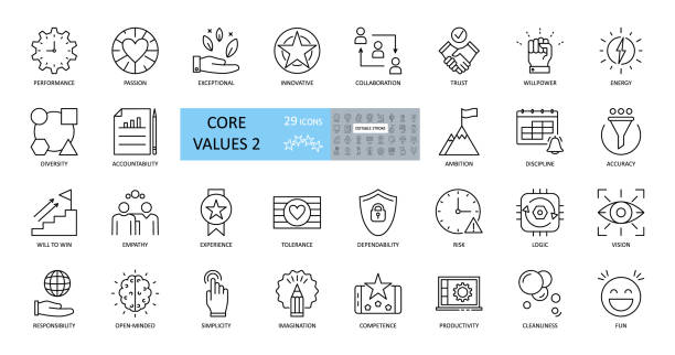 Set of icons core values. 29 vector images with editable stroke. Includes such qualities as performance, passion, diversity, exceptional, innovative, accountability, will to win, empathy, open-minded Set of icons core values. 29 vector images with editable stroke. Includes such qualities as performance, passion, diversity, exceptional, innovative, accountability, will to win, empathy, open-minded respect stock illustrations