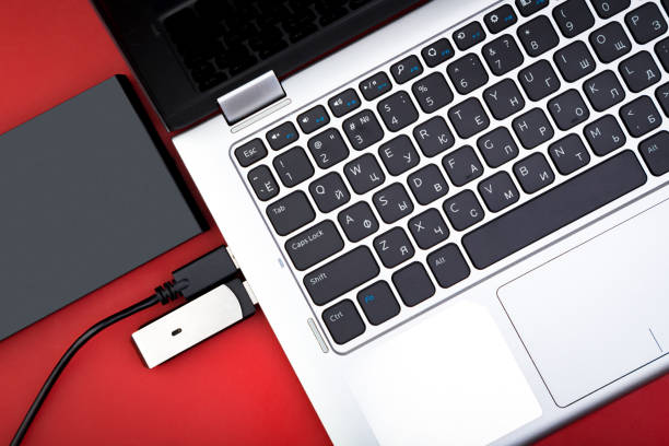 istock A flash drive and a hard drive connected to a laptop 1212212145