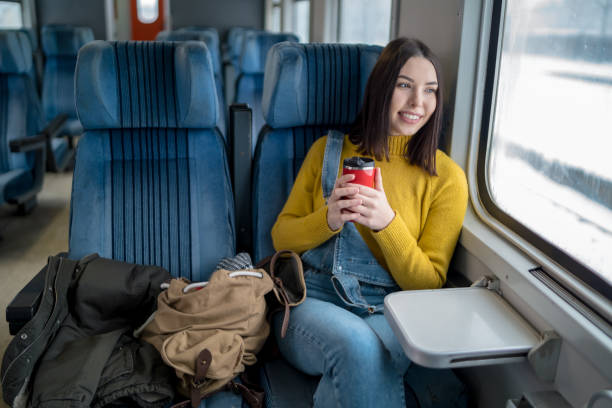 istock Young woman traveling by train 1212212866