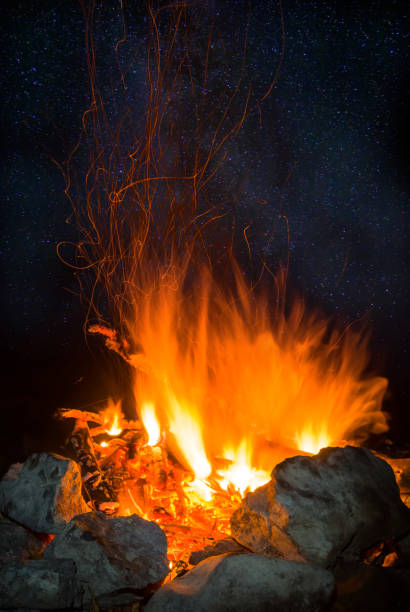 istock closeup camp fire at the  night on a starry sky background 1212214076