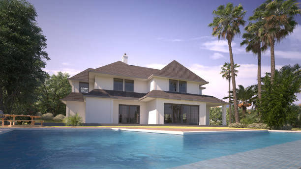istock villa with pool and exotic garden 1212217620