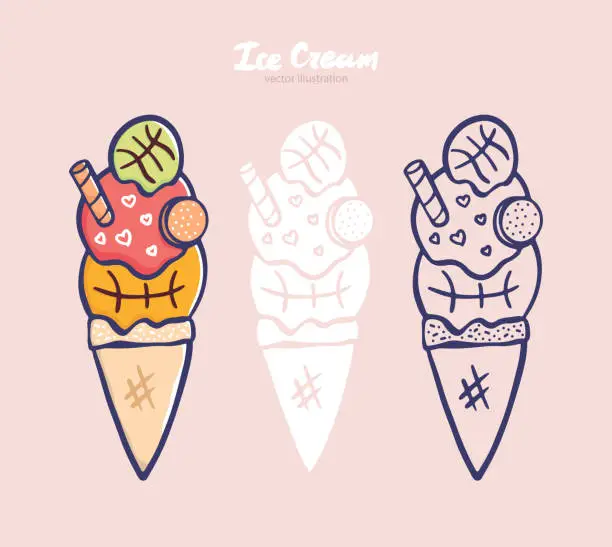 Vector illustration of Summer collection of illustrations with ice cream for basketball, contour. Vector print for children's t-shirts, posters, cards for birthday.