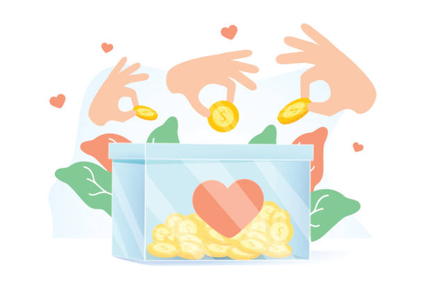 Hands holding coins and putting them into money box. Concept of charity project, donation service, fundraising program Hands holding coins and putting them into money box. Concept of charity project, donation service, fundraising program, nonprofit organization, financial endowment. Modern flat vector illustration. contributor stock illustrations