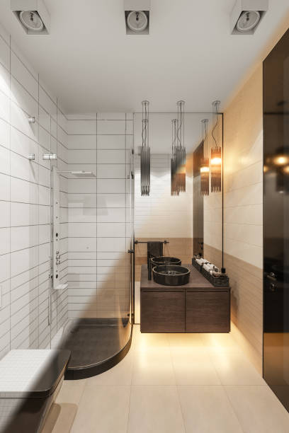 istock 3d render interior design of the bathroom with a corner shower 1212226883