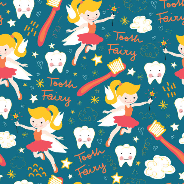 Seamless Vector Pattern Tooth Fairy Cute Fairies With Wand On Blue  Background With Teeth Toothbrush Stars And Clouds Repeating Backdrop For  Kids Dentistry Dental Clinic Children Fabric Decor Stock Illustration -  Download