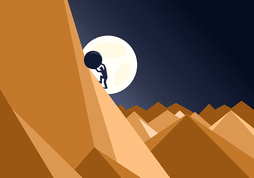 Sisyphus business concept of a man pushing a huge rock up a mountain in an impossible task showing determination and endurance