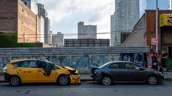 New York, USA - June 6, 2019:  broken car on the roadside