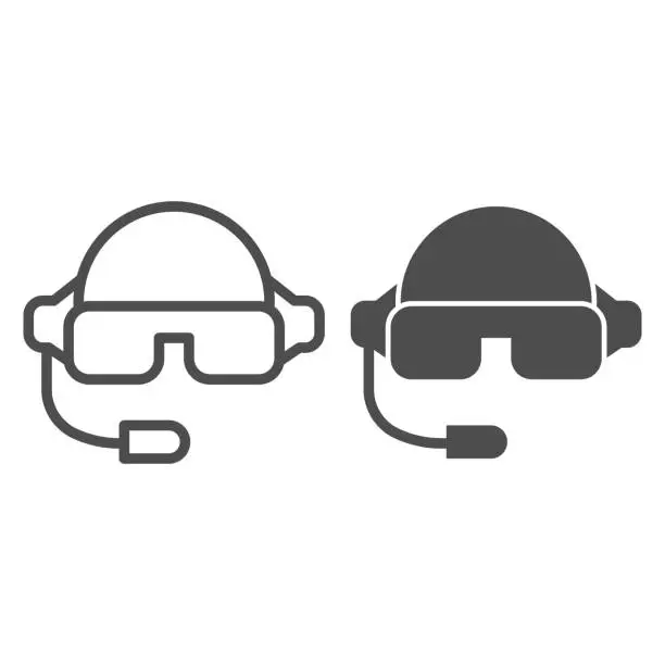 Vector illustration of Pilot helmet line and solid icon. Aviator jet mask with glasses and microphone symbol, outline style pictogram on white background. Warfare sign for mobile concept and web design. Vector graphics.