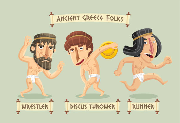 illustrations, cliparts, dessins animés et icônes de personnages de la grèce antique ensemble - lancer du disque