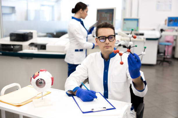 cientista de pesquisa em jaleco olhando para modelo de molécula - genetic research men chemical protective glove - fotografias e filmes do acervo