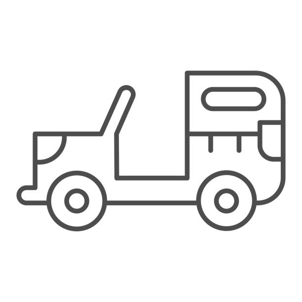 illustrations, cliparts, dessins animés et icônes de icône de ligne mince de véhicule militaire. rover hors route, symbole de voiture d’armée, pictogramme de modèle de contour sur le fond blanc. signe de guerre pour le concept mobile et la conception web. graphiques vectoriels. - car individuality military 4x4