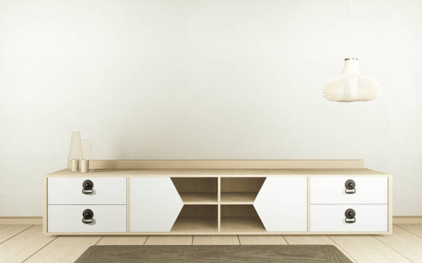 istock Cabinet TV in white empty interior room Japanese-style, 3d rendering 1212239262