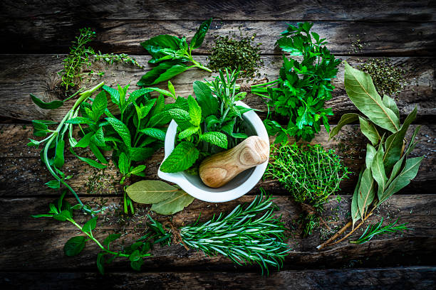 istock Fresh scented organic herbs for cooking shot on rustic kitchen table 1212239292