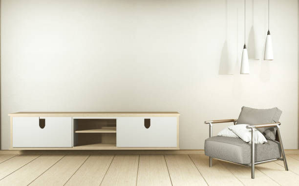 istock Cabinet TV in white empty interior room Japanese-style, 3d rendering 1212239315