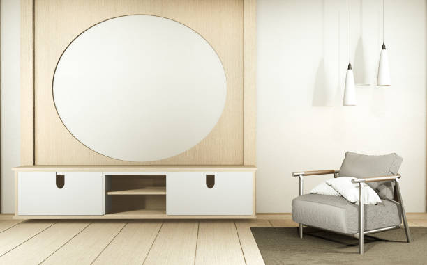 istock Cabinet TV in white empty interior room Japanese-style, 3d rendering 1212239317