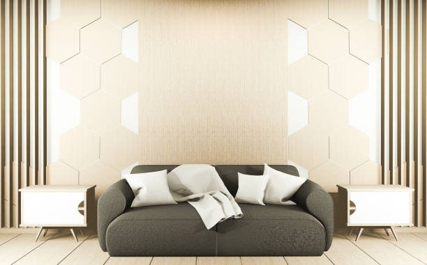 istock Sofa on modern roon interior with hexagon tiles wooden on wall. 3D rendering 1212239332