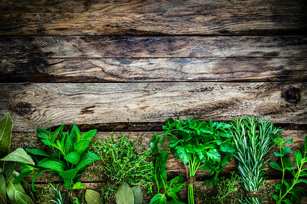 istock Fresh scented organic herbs for cooking shot on rustic kitchen table. Copy space 1212239339