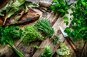 Fresh scented organic herbs for cooking shot on rustic kitchen table